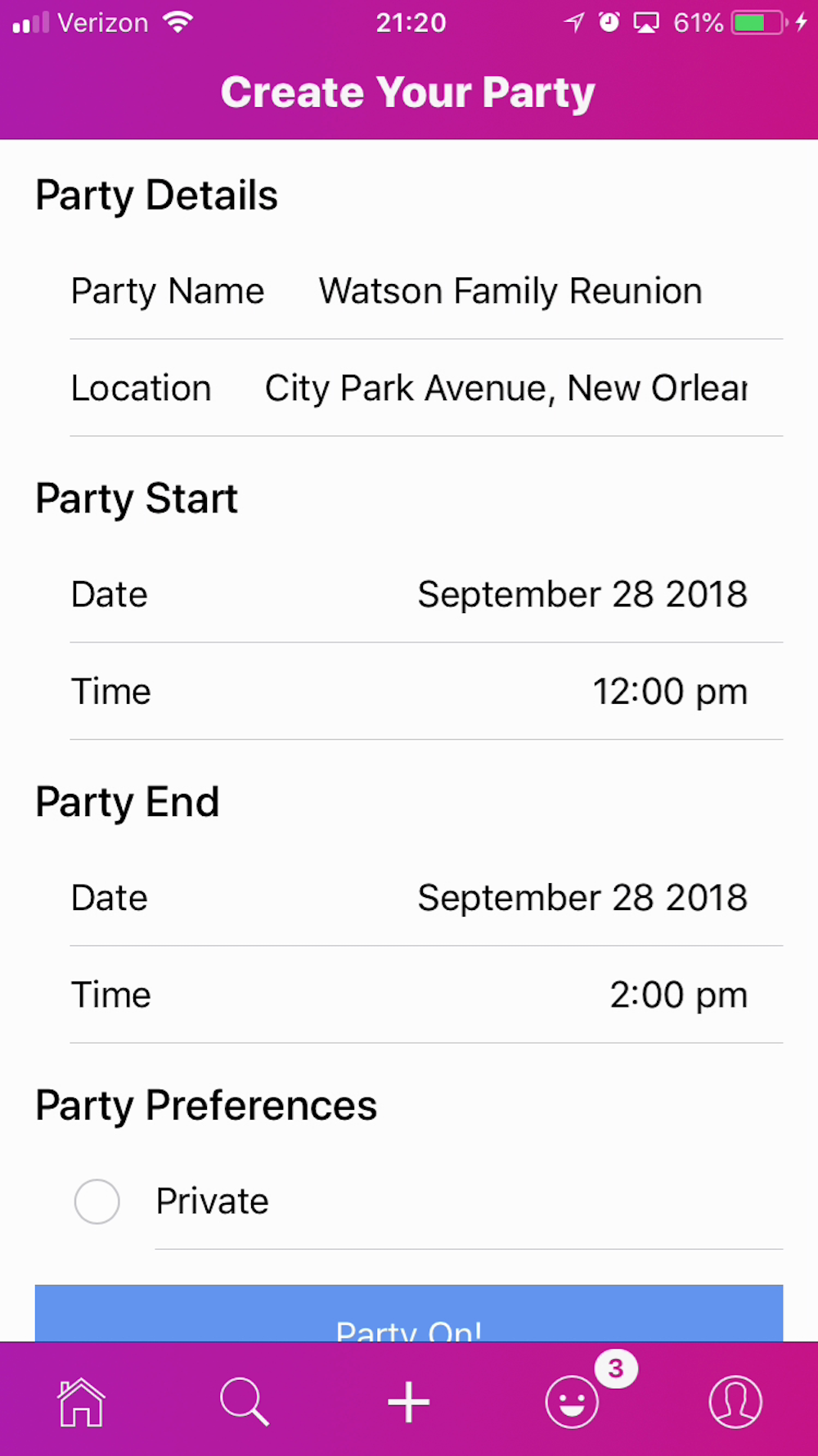 The create party form which asks for the name, location, start time, and end time.