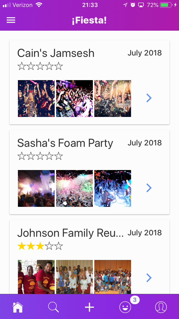 The timeline page full of party stories.